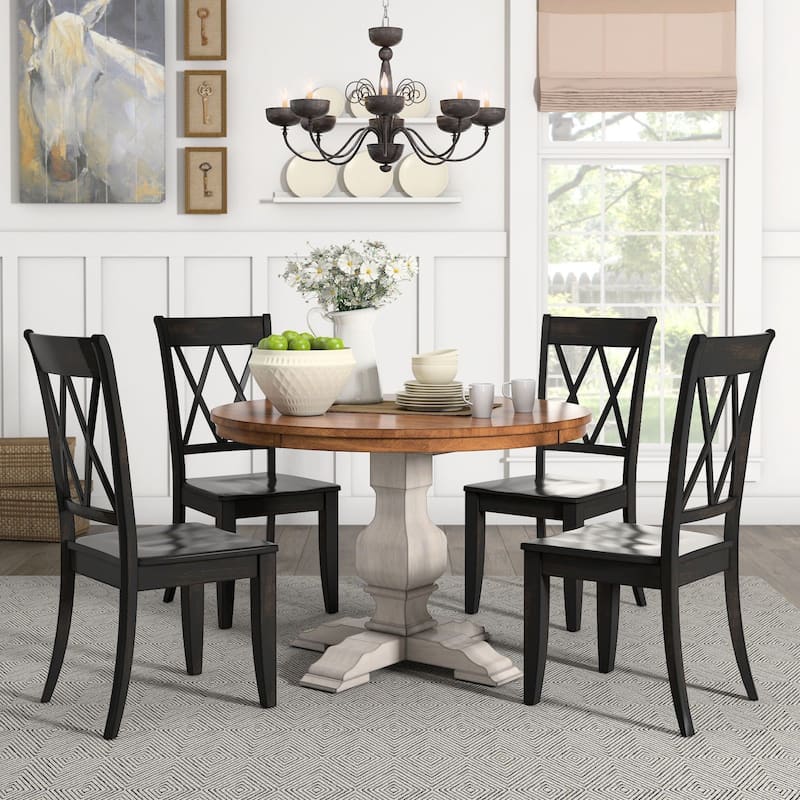 Eleanor Antique White Round Solid Wood Top 5-Piece Dining Set - X Back by iNSPIRE Q Classic - Antique White Table - Antique Black Chairs