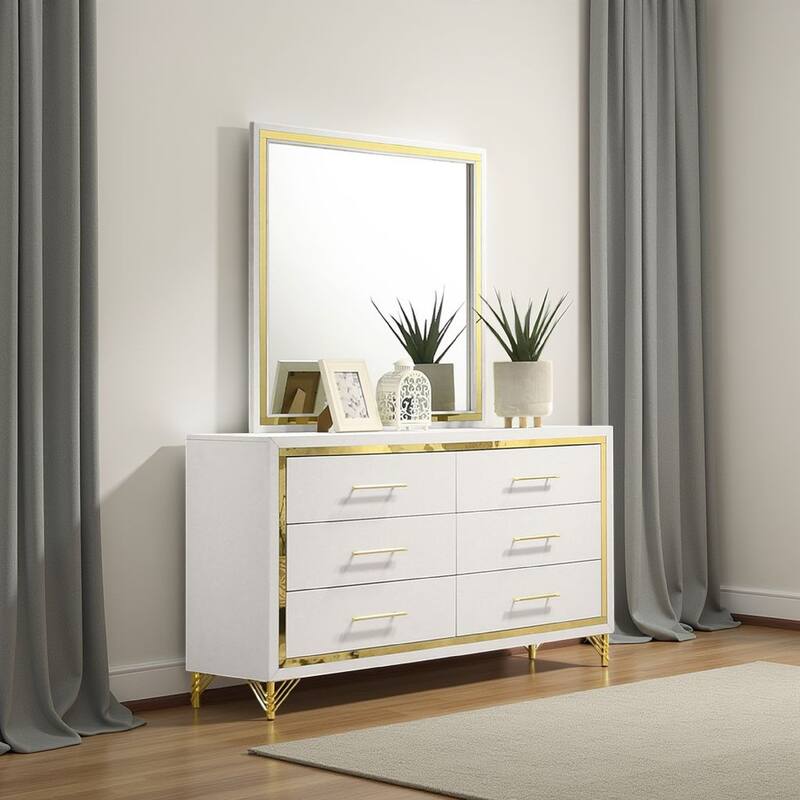 Jenny Square Dresser Mirror, Polished Golden Trim, White Wood-Melamine
