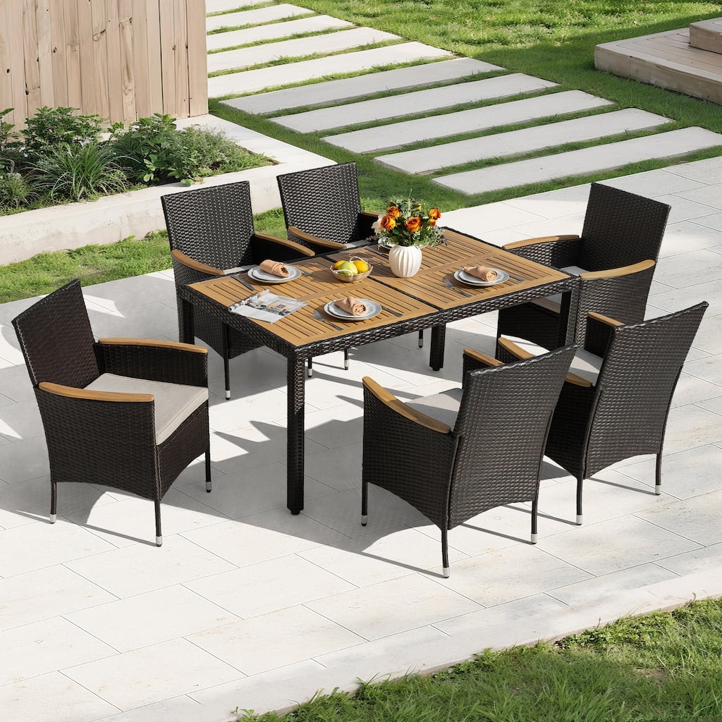 Acacia Wood Wicker Patio Dining Set with Cushions, Black