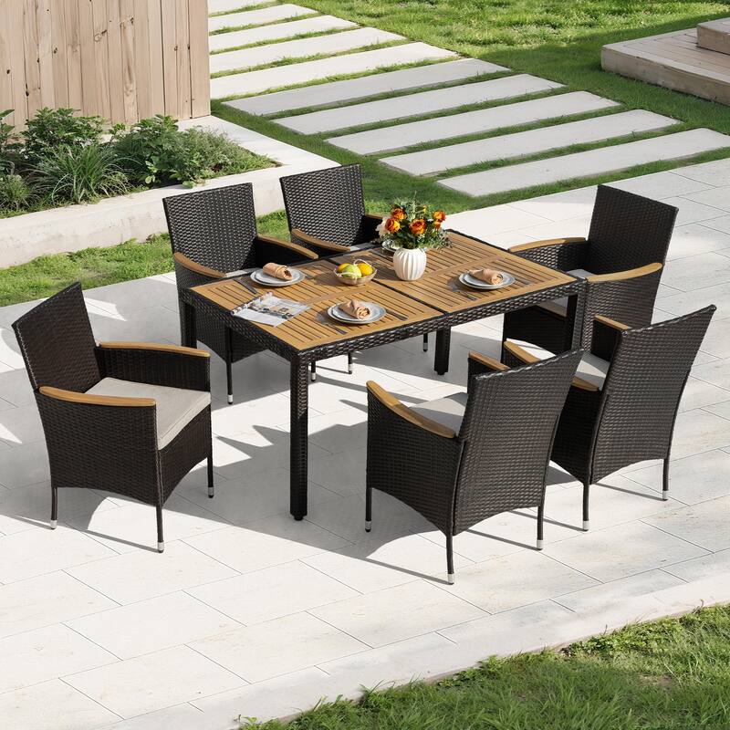 Acacia Wood Wicker Patio Dining Set with Cushions, Black - 7PCS