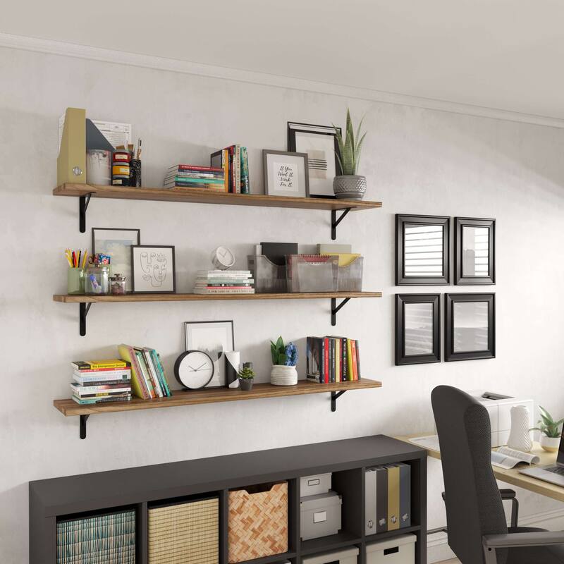 Wallniture Forme 48"-60" Long Floating Shelves for Living Room & Office Decor, Solid Wood Shelves, Wall Mounted, 1" Thick, Burnt