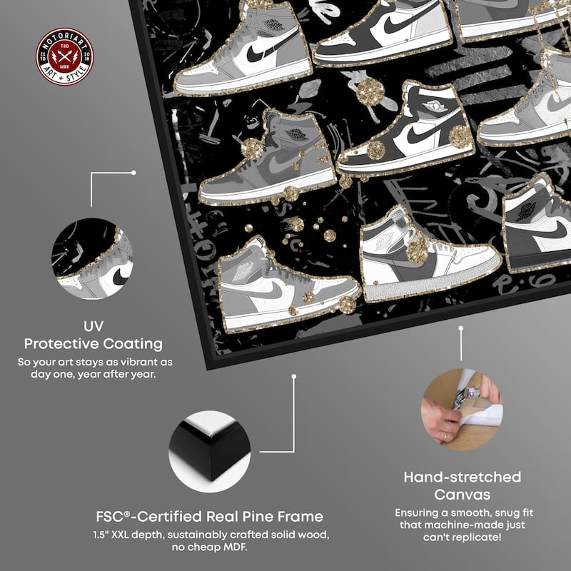 Notoriart Black And White Sneaker Collection Framed Sneaker 1 Piece Canvas Wall Art