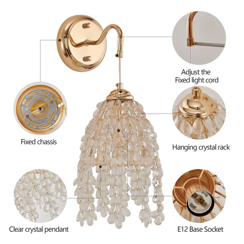 Set of 2 Gold Wall Sconces - Grape Crystal Beads - E12 - Living Bedroom (No Bulbs)