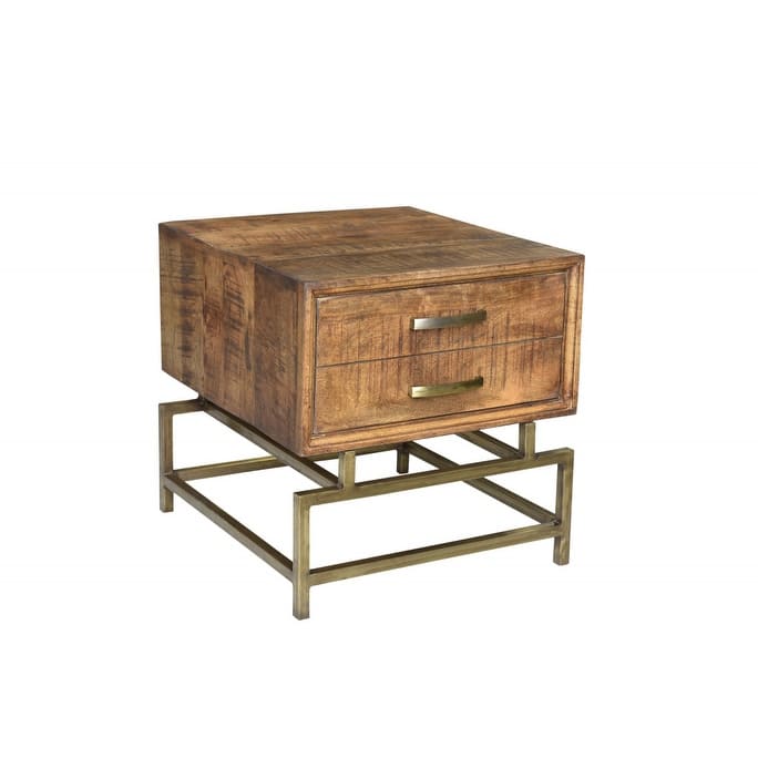HomeRoots 21" Brass And Brown Solid Wood And Iron Square End Table With Drawer - 20