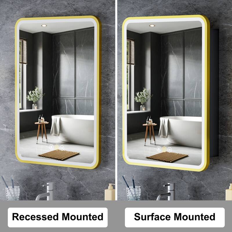 Aris Recessed/Surface Mount Bathroom Medicine Cabinet with Mirror and Lights, Dimmable, Adjustable Shelves, Fast Defogging