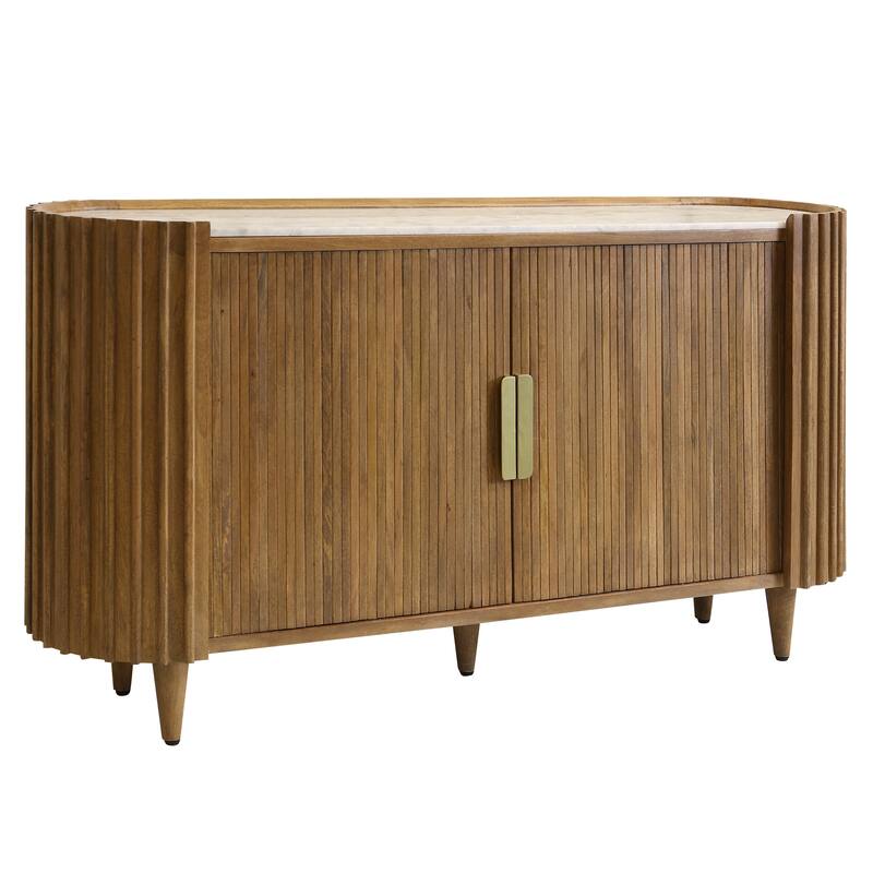 StyleCraft Riviera Sideboard with Tambour Doors - Brown with White Marble Top - Brown, White, Gold