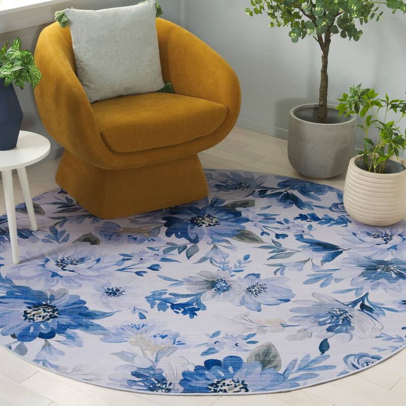SAFAVIEH Tacoma Geerte Machine Washable & Slip Resistant Rug - 6' Round - Light Blue/Blue