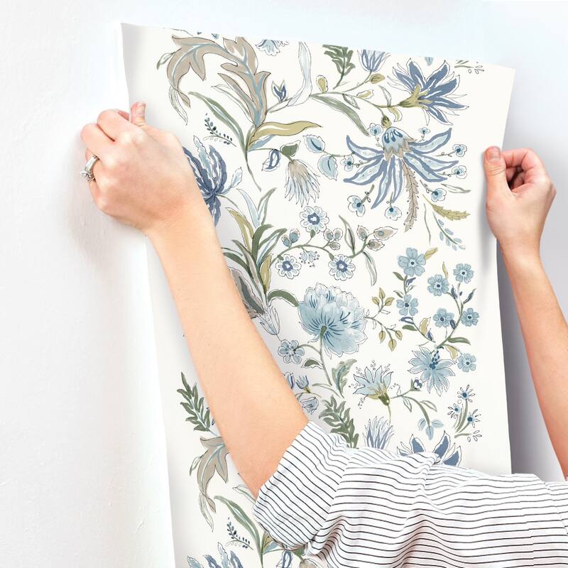 A-Street Prints Teonna Blue Floral Stripe Wallpaper