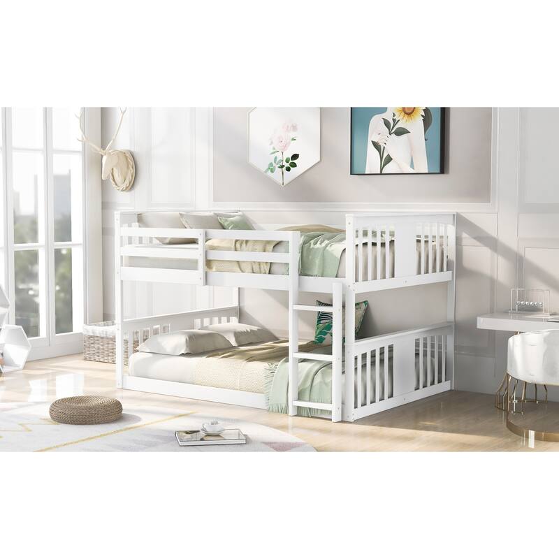 White Full Over Full Bunk Bed with Ladder, Space-Saving Design, Sturdy Pine Frame