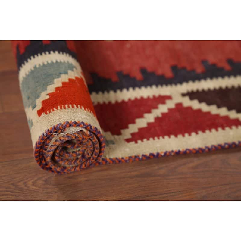 Kilim Qashqai Persian Vintage Rug Hand-Knotted Red Wool Carpet - 4'2"x 7'11"
