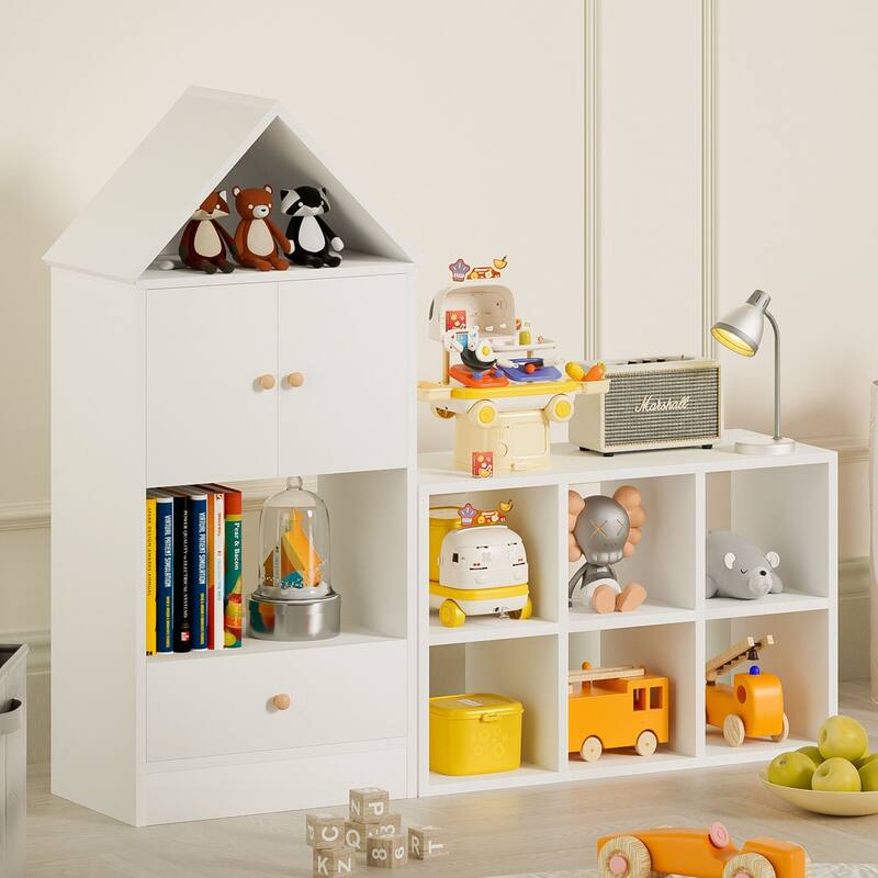 MVersatile Kids Bookshelf House Shape Toy Organizer for Bedroom Playroom