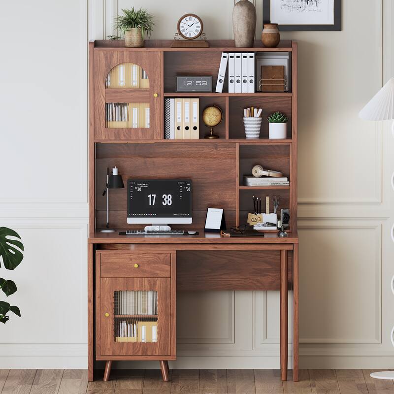 Computer Desk with 90 Rotating Side Table, Storage Drawer, Cabinets and Open Shelves for Home Office Study