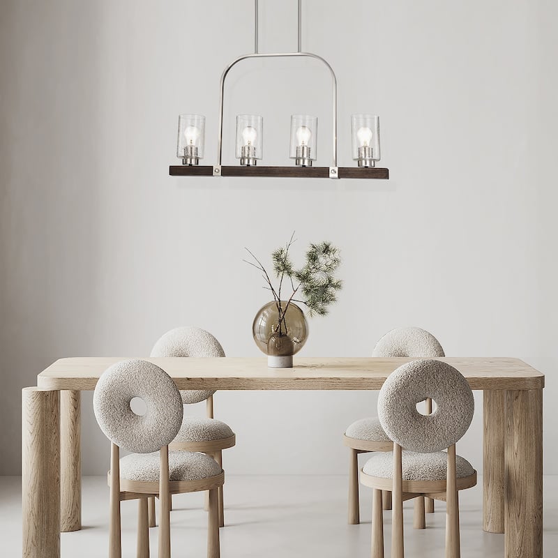 Brushed Nickel and Wood 4-Light Linear Island Lighting with Seedy Glass - Brushed Nickel and Wood