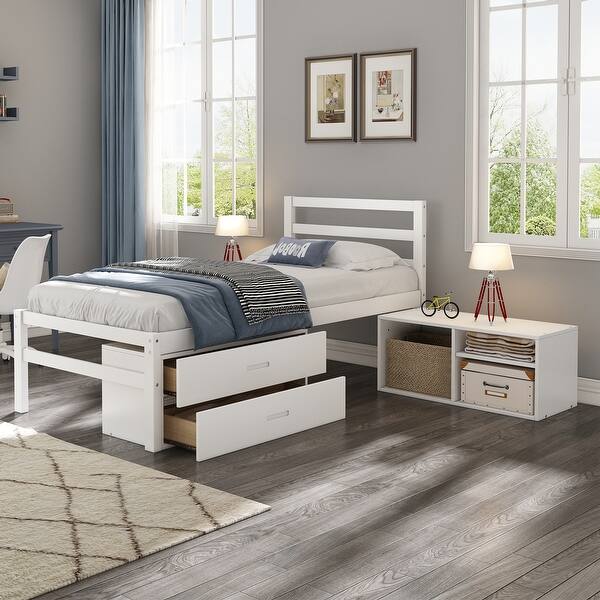 slide 2 of 45, Twin Size Wood Platform Bed with Removable Shelves, 2-Storage Drawers, White White