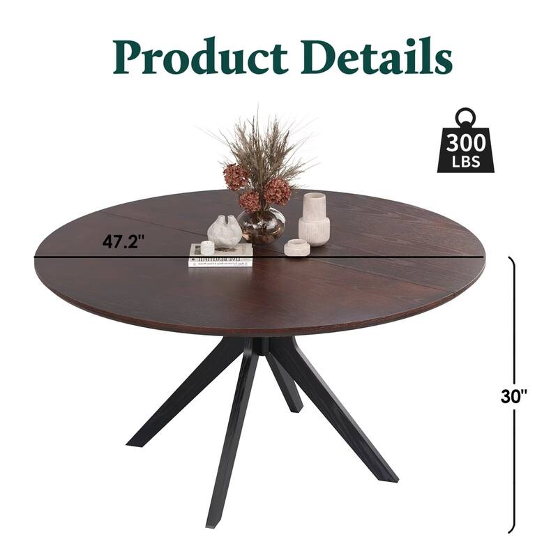 47.2" Solid Wood Round Dining Table for 4-6 People with Intersecting Pedestal Base - Black + Dark Walnut
