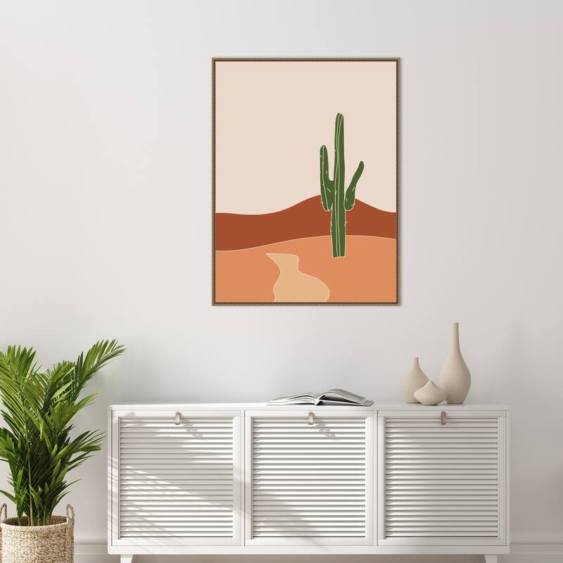 Cactus Against Earthy Brown And Beige Tones by Little Dean Framed Canvas Wall Art Print - Sylvie Beaded Gold