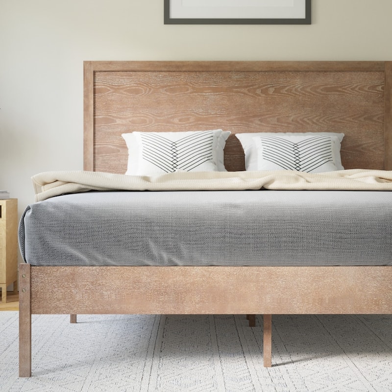 Solid Wood Platform Bed with Headboard and Wooden Slats