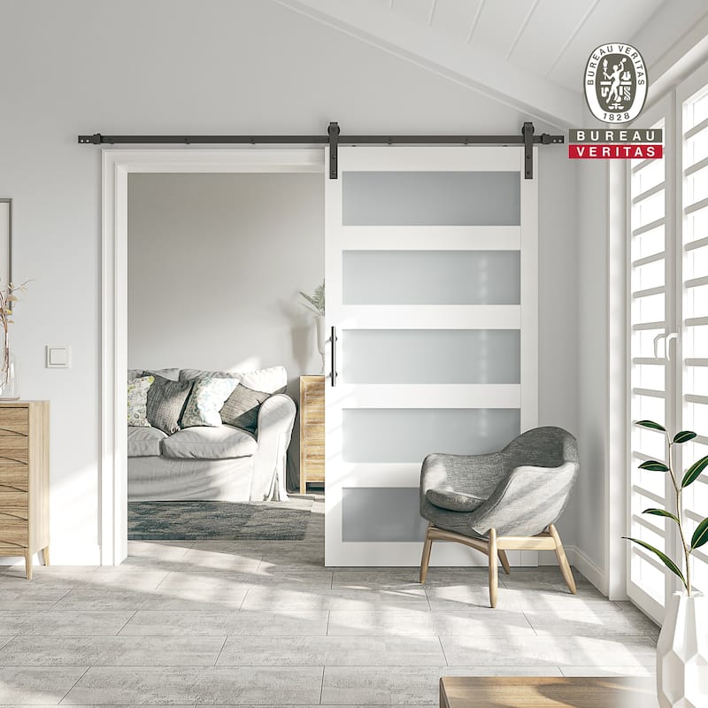 Sanding 30in./36in./42in.x 84in. 5 Frosted Glass White/Grey PVC Surface MDF Sliding Barn Door With Hardware Kit