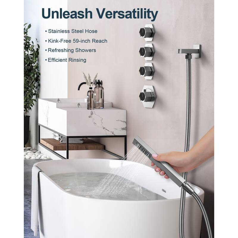 GRANDJOY Dual Shower Heads System 16 inch Ceiling and 6 inch Wall Mount Rainfall/Massage/Waterfall Mode Handheld Spray LED Music