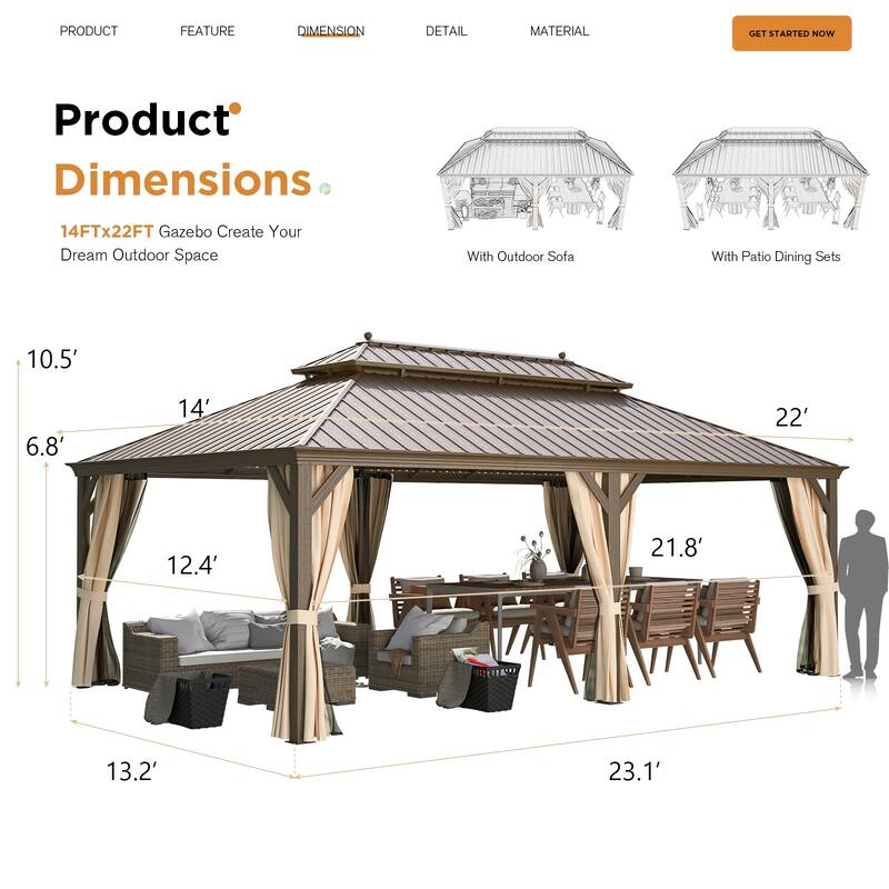 Erommy Pro Series Outdoor Galvanized Steel Roof Gazebo Pergola w/ Aluminum Frame & Vertical Rain Cutter