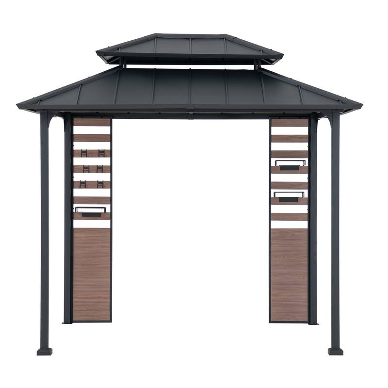 Sunjoy Grill Gazebo 5 ft. x 8 ft. Brown Steel Frame Double Tiered Hardtop Gazebo with Ceiling Hook and Bar Shelves