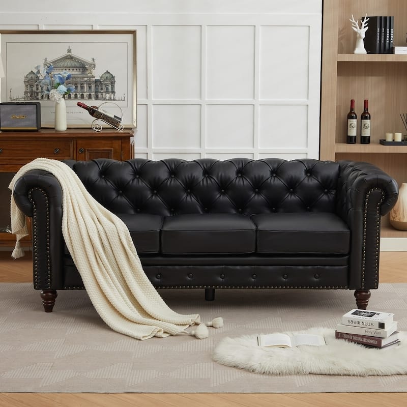84" PU Leather 3-Seat Sofa with Button Tufted Back & Rolled Arms - 83" W - Black