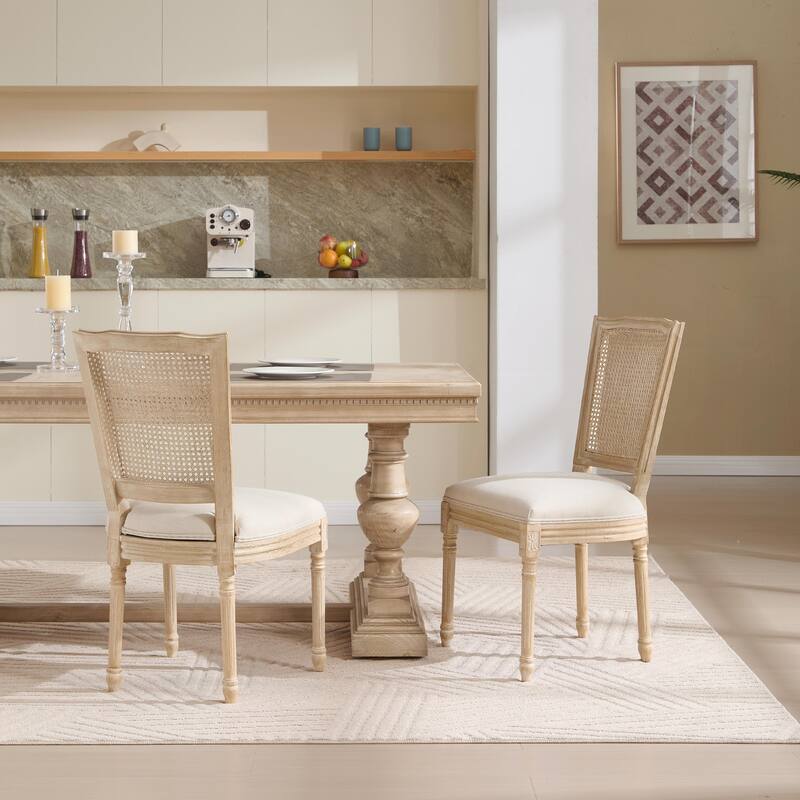 Set of 2 French Country Dining Chairs, Upholstered with Natural Rattan T-Shaped Back