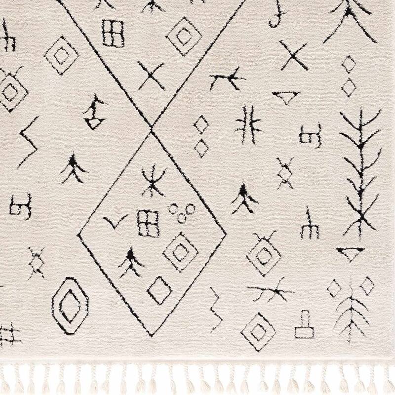 Hauteloom Shag Farmhouse Tasseled Cream & Black Area Rug