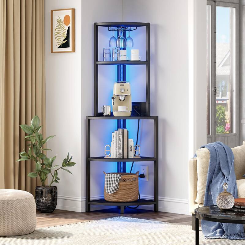 Wood 5 Tier Corner Bar Rack Shelf with Power Outlets LED Lights Glass Holder Black