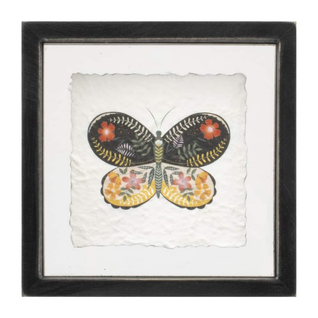 Wood Framed Floral Butterfly Wall Plaque - 6" - Set of 2