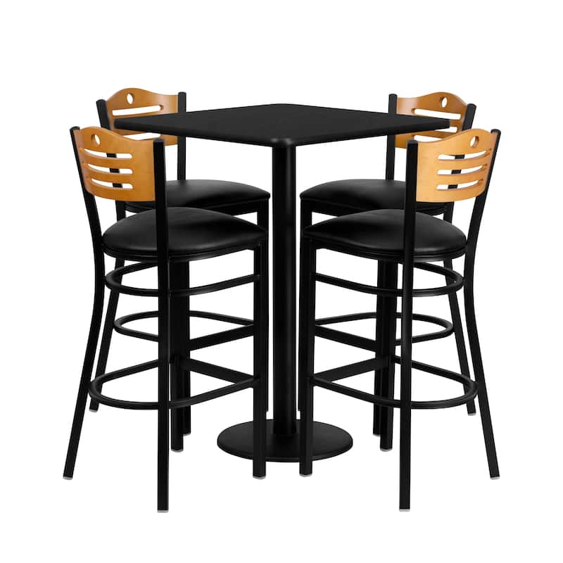 30" Square Laminate Table Set with 4 Metal Barstools - Vinyl Seat - Black