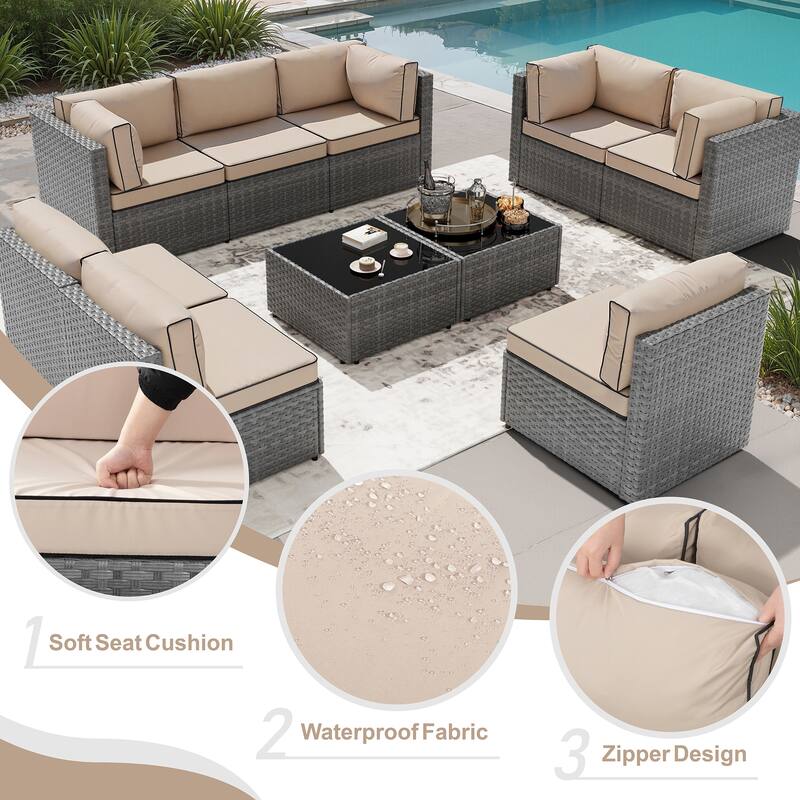 10-Piece Sectional Seating Group with Cushion, Wicker Sectional Sofa