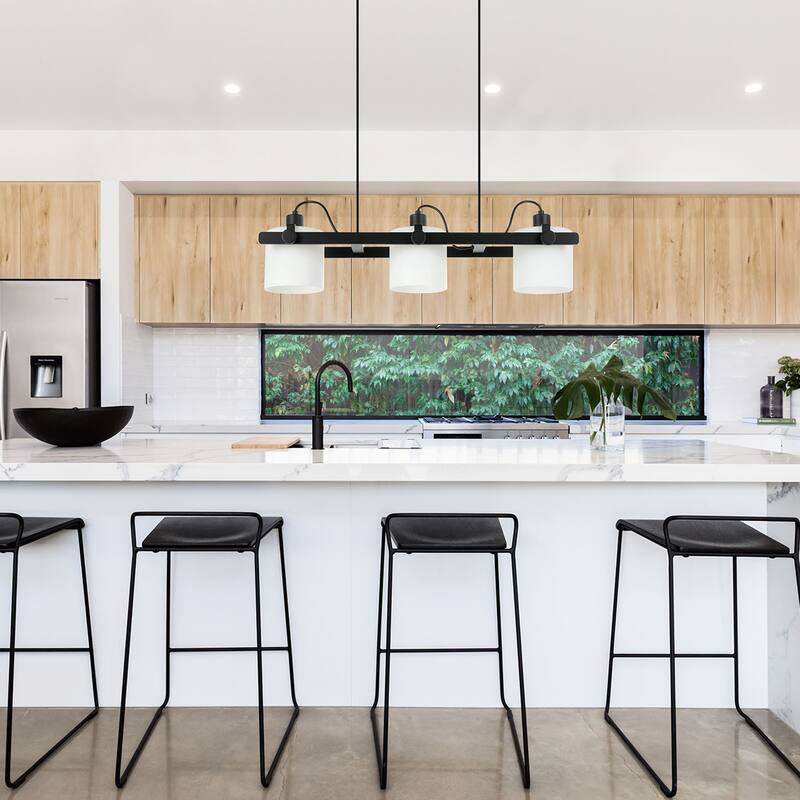3-Light Island Pendant with Black Finish and White Glass - Black