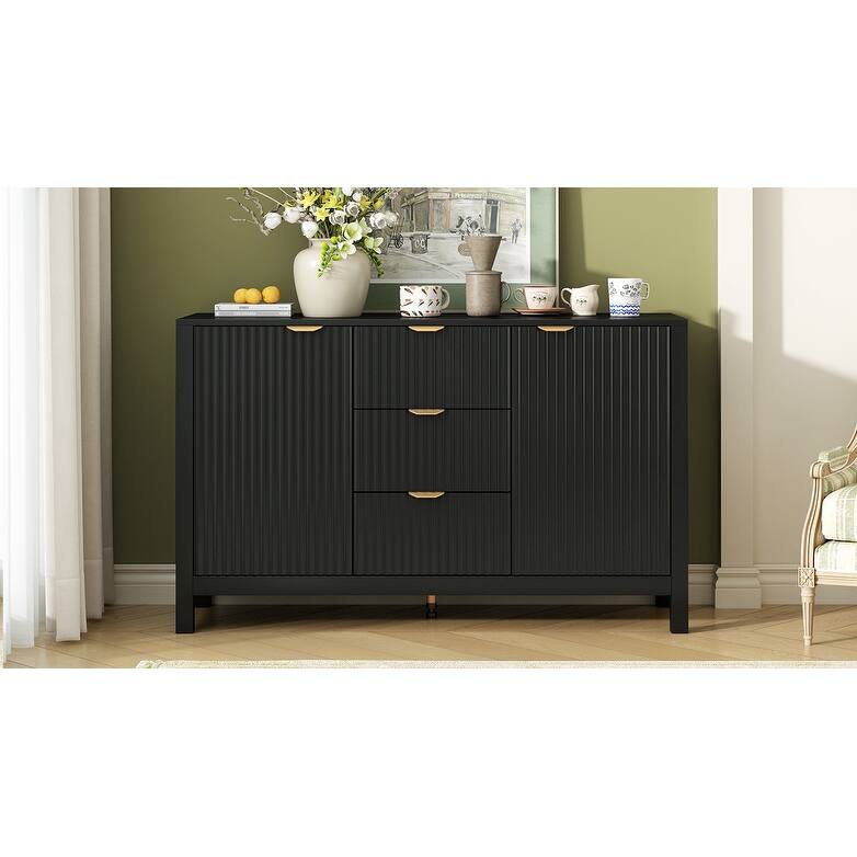 Sideboard with Wave Design - 3 Adjustable Shelves, 3 Drawers & Soft-Close Doors, Storage Console Table with Metal Handles