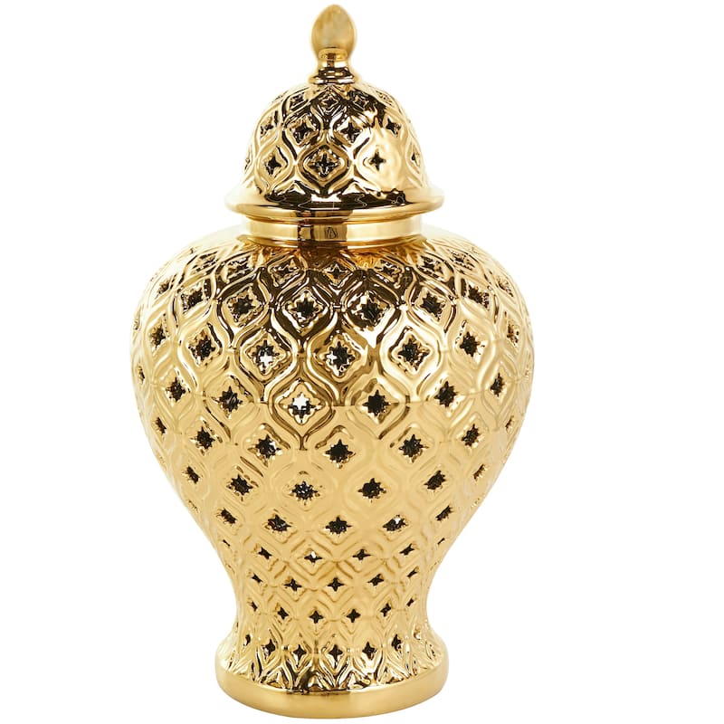 Gold Ceramic Living Room Decorative Jars with Geometric Cutout Design and Lid