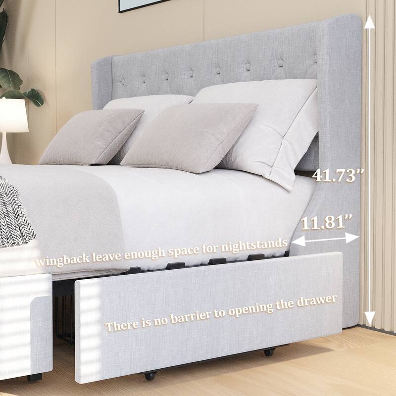 Grey Queen Size Upholstered Bed with Wingback Headboard, 4 Storage Drawers, Button Tufted Design