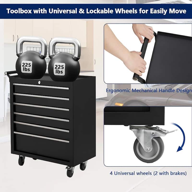 6 Drawers Tool Storage Cabinet Rolling Tool Chest for Garage, Workshop - N/A