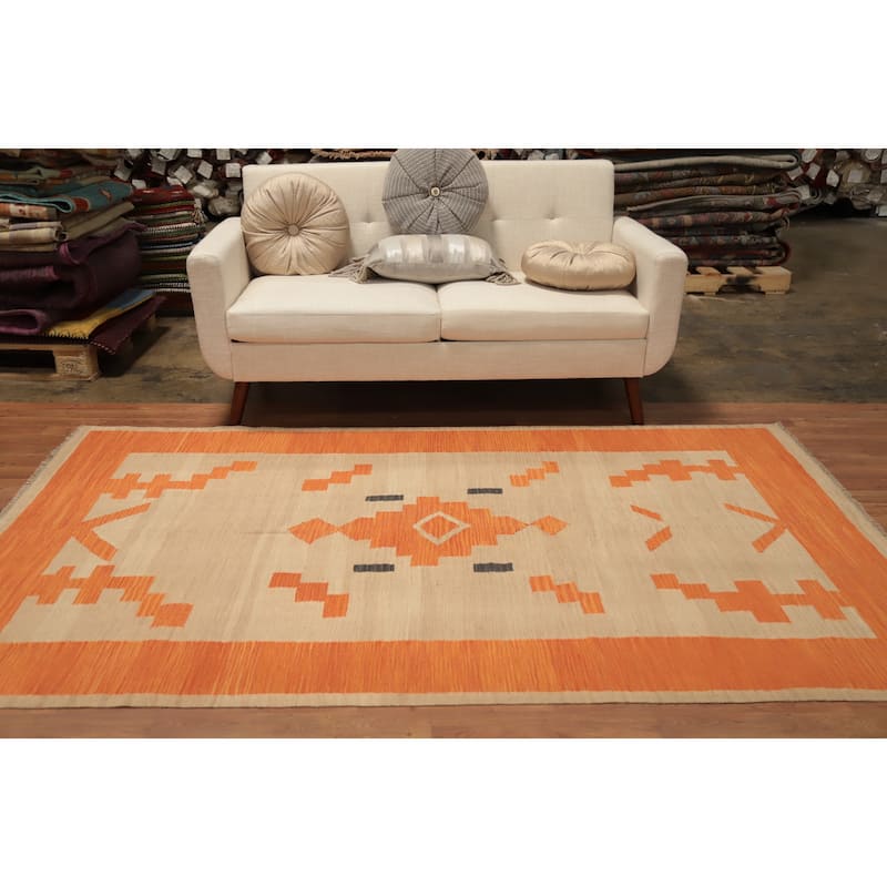 Hand Woven Oriental 100% Wool Carpet Southwestern Tribal Brown Kilim Area Rug - 8' 0'' X 4' 10''