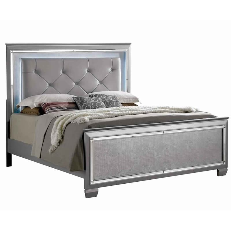Textured California King Size Bed with Silver Trim Accents, Beige