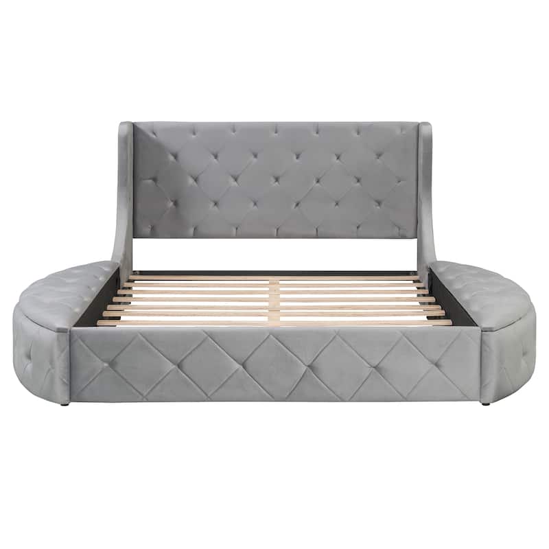 Low Profile Bed Queen Size Velvet Upholstered Platform Bed with Wingback Headboard, Big Drawer and 2 Semicircle Side Stools