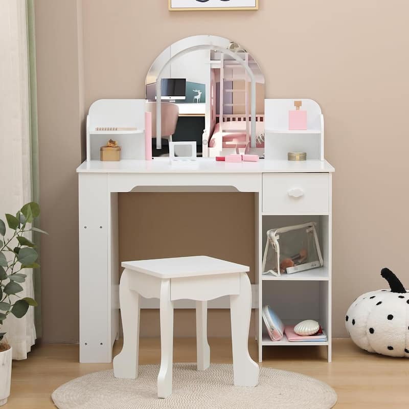 2 in 1 Kids Vanity Table & Stool with Lighted Mirror, Bookshelf and Makeup Palyset