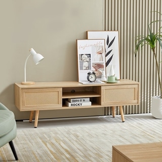 Natural Rattan TV Stand TV Console 55" Boho Farmhouse Entertainment Center, TV Stand with Storage, Media Console for Living Room