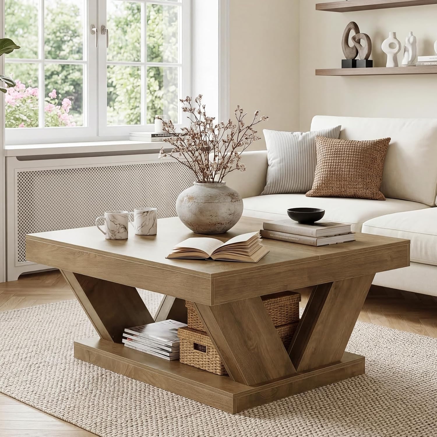Square Coffee Table for Living Room, 2-Tier Modern Center Table with Storage Shelf - 39.37"D x 39.37"W x 19.69"H
