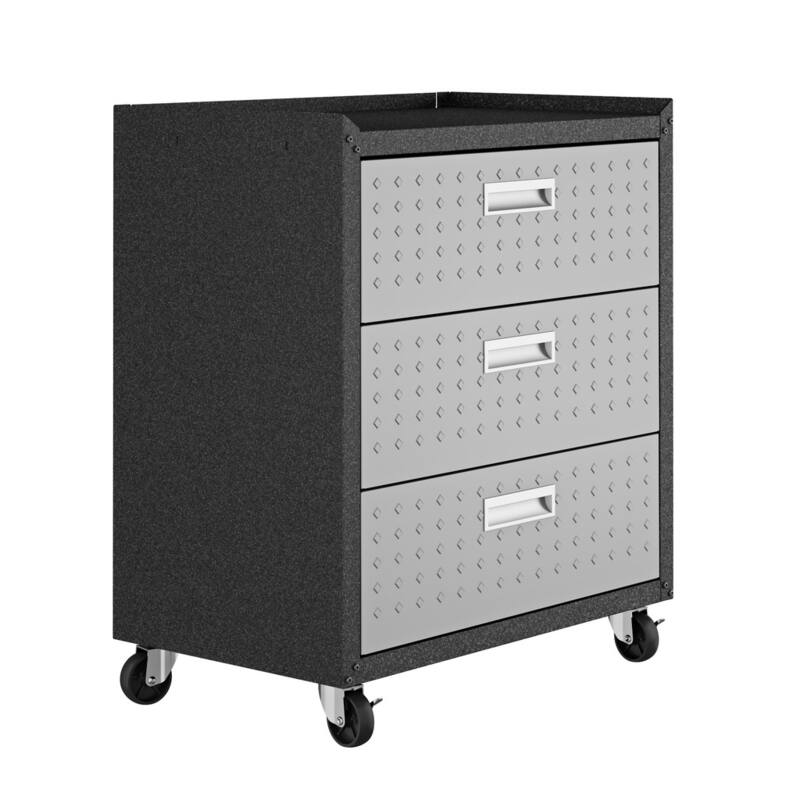 Fortress Textured Metal 31.5" Garage Mobile Chest with 3 Full Extension Drawers in Grey
