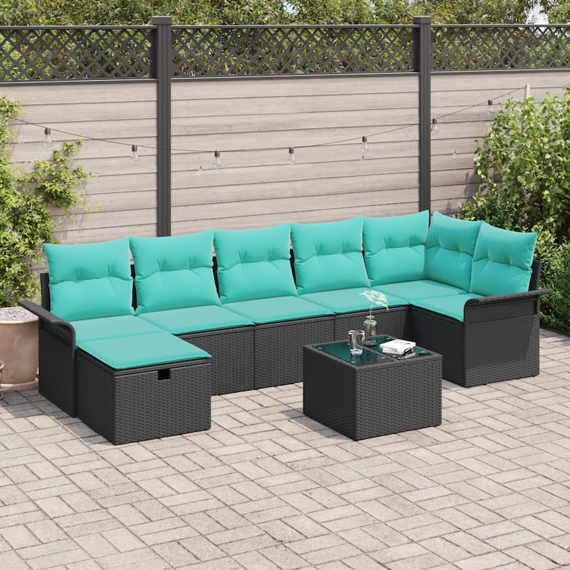 vidaXL 7/8 Piece Garden Sofa Set with Cushions - 117.1×52.2×27.2 - Black/ Blue-with table