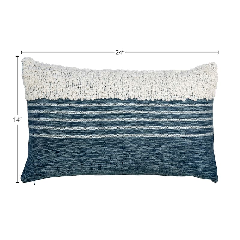 Riley Handwoven Wool Blend 14-inch x 24-inch Lumbar Pillow, Off White and Indigo Blue