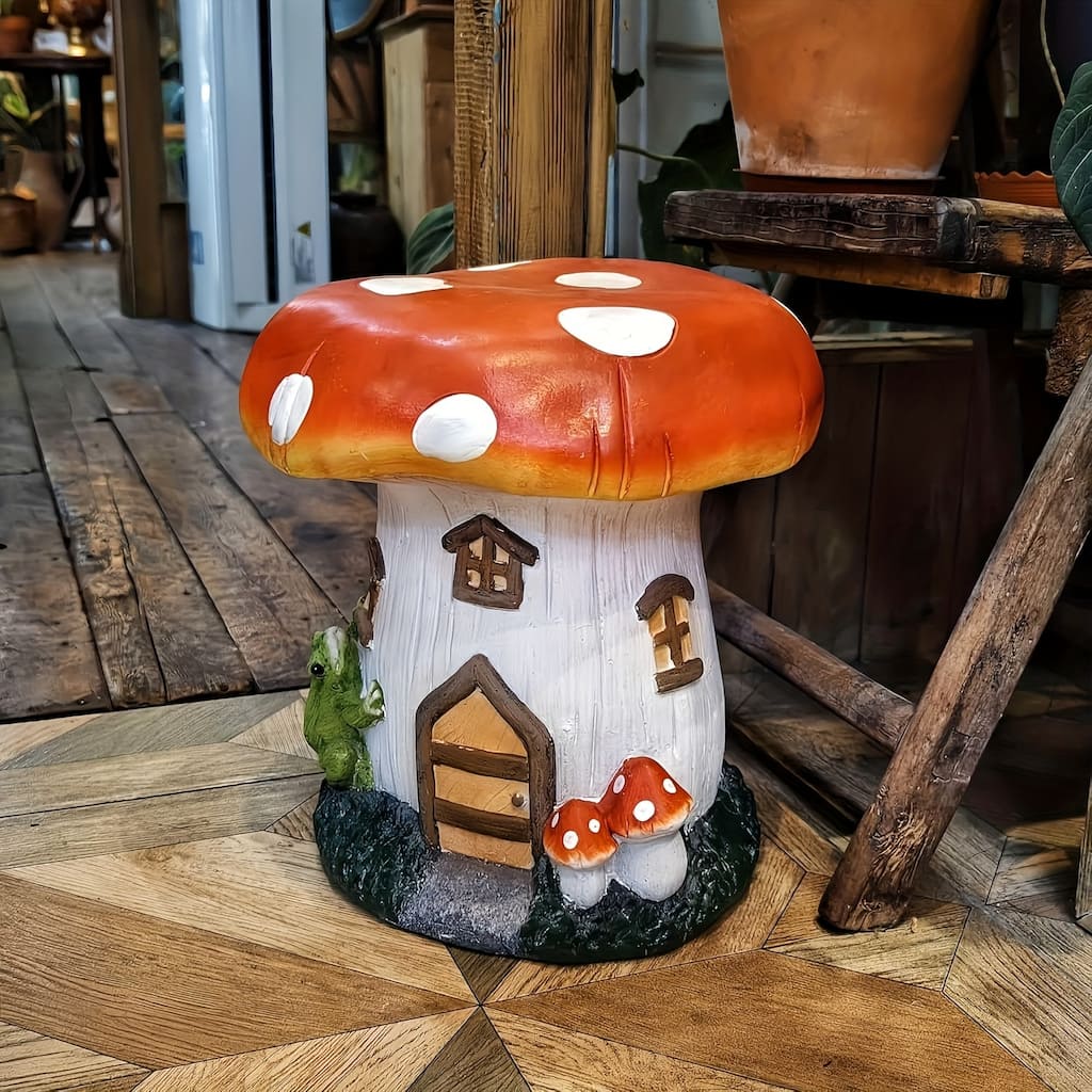 13.4" Mushroom House Garden Stool, Oversized Resin Sculpture & Fairy Forest Base, Decorative Stool for Home, Courtyard, Lawn