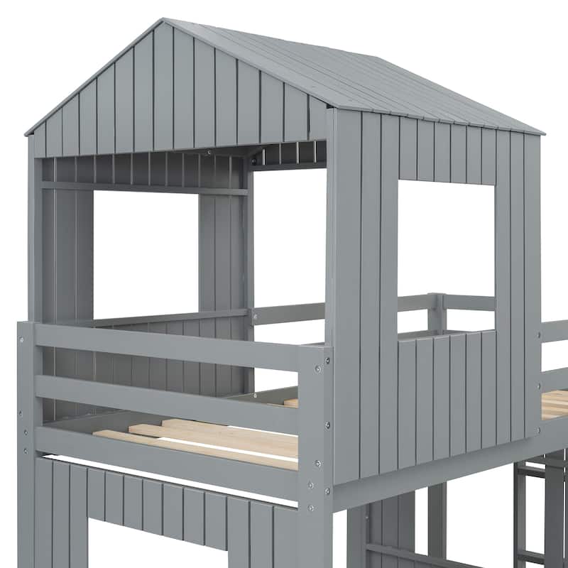 Wooden Twin Over Full Bunk Bed, Loft Bed with Playhouse, Farmhouse, Ladder, Slide and Guardrails, Gray