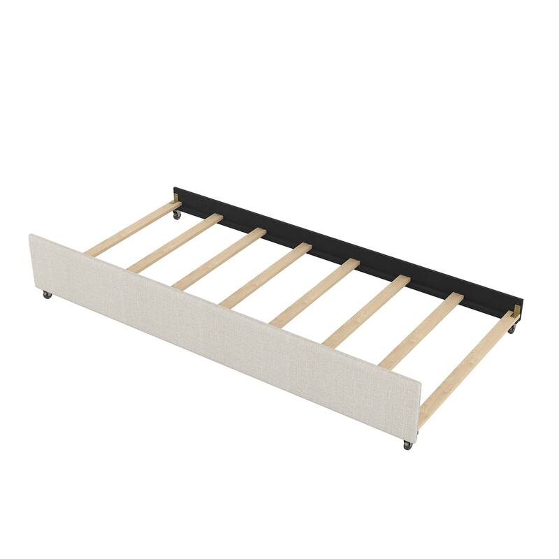 Roomfitters Queen Upholstered Platform Bed with Twin Trundle and Side Compartments for Extra Storage, Beige