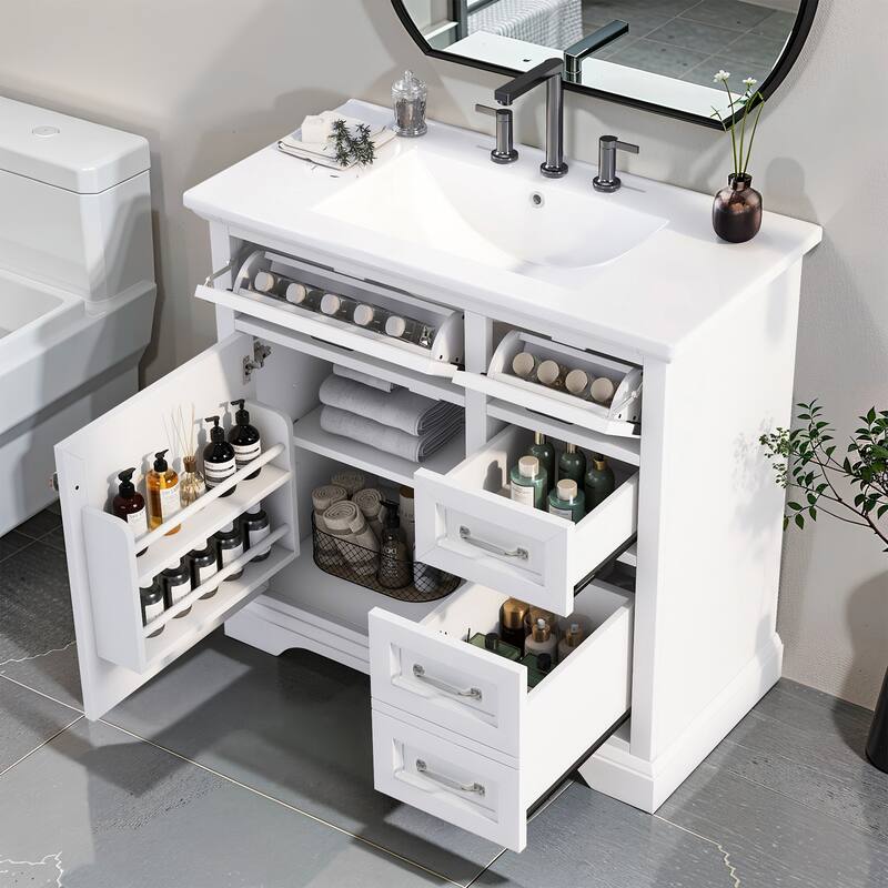 36" Bathroom Vanity Set with Ceramic Undermount Sink,2 Tip-Out Drawers - White